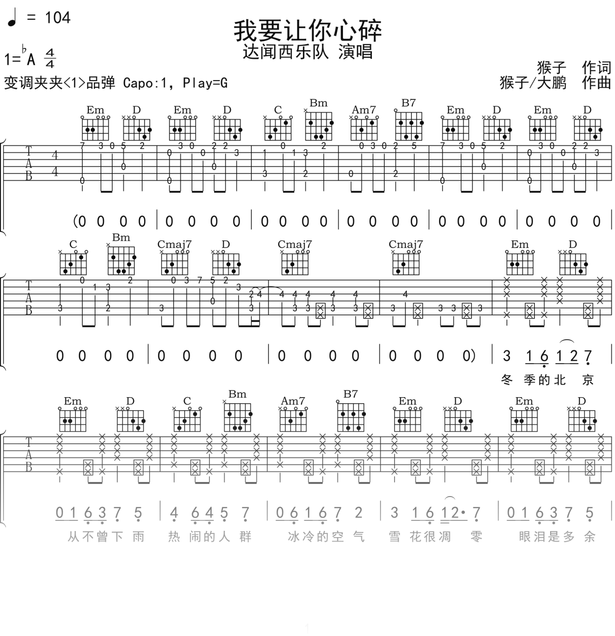 达闻西乐队《我要让你心碎》吉他谱G调吉他弹唱谱