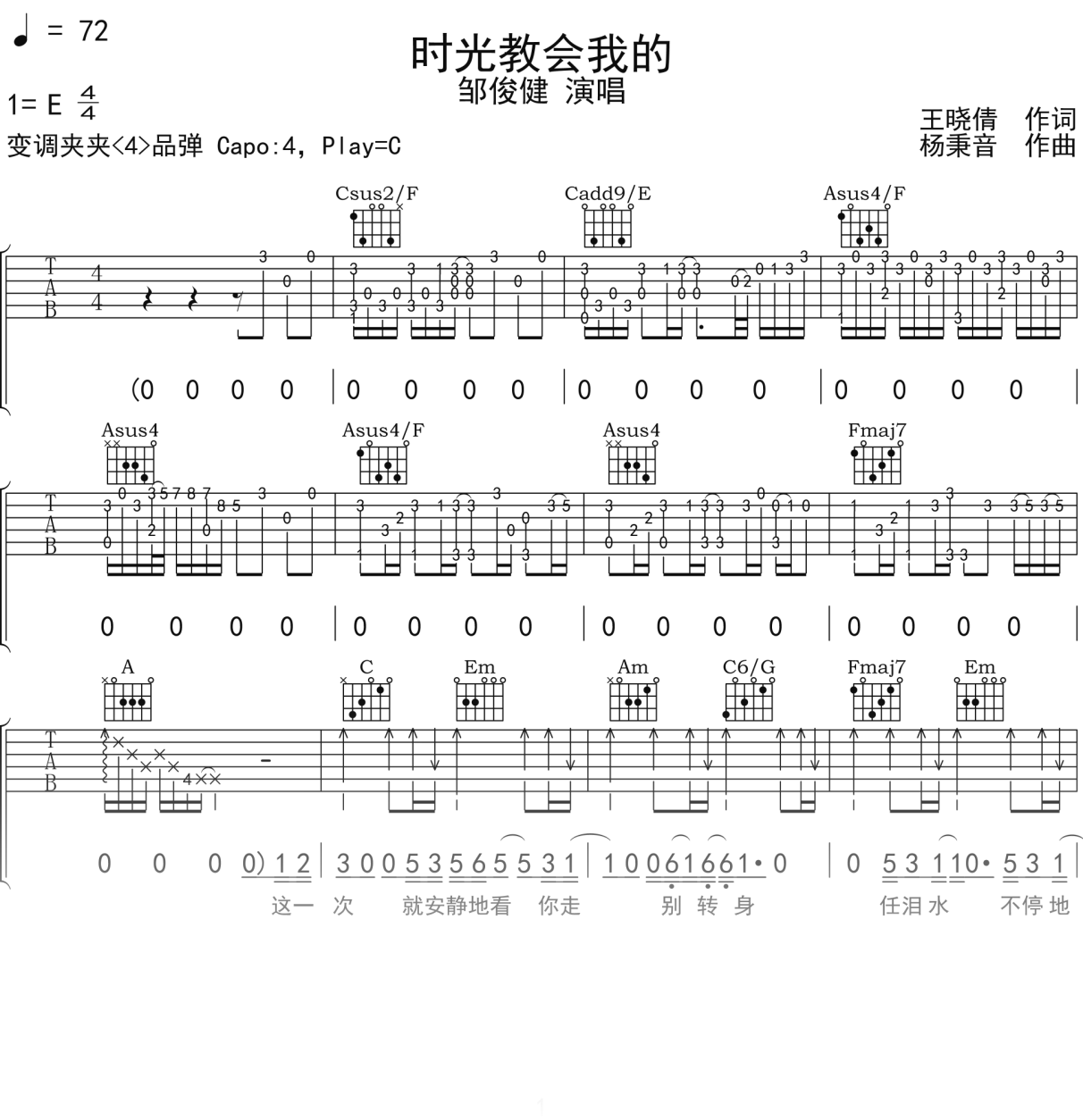 邹俊健《时光教会我的》吉他谱C调吉他弹唱谱