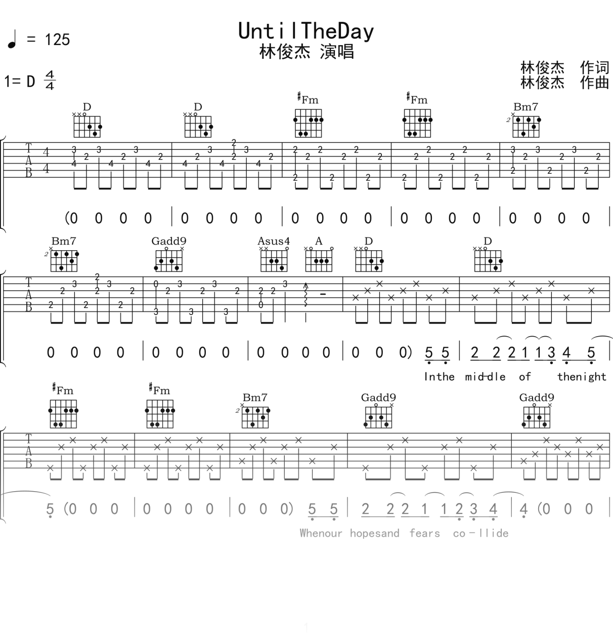林俊杰《UntilTheDay》吉他谱D调吉他弹唱谱