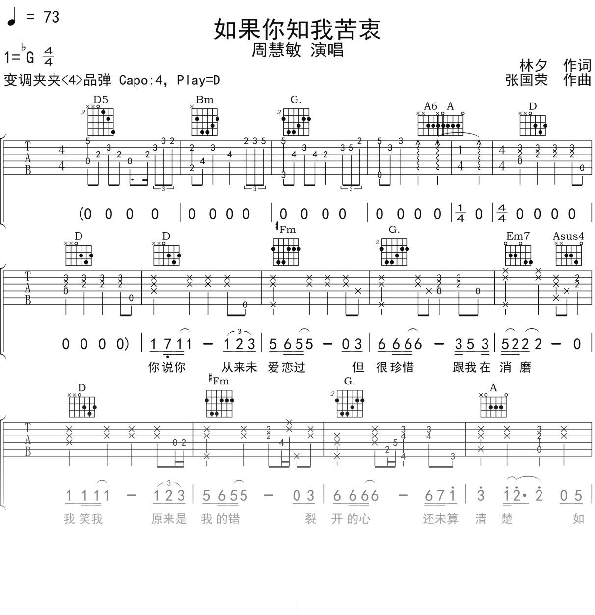 周慧敏《如果你知我苦衷》吉他谱D调吉他弹唱谱