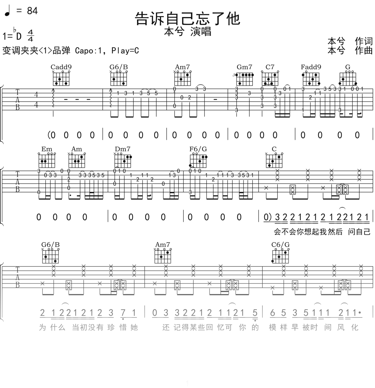 本兮《告诉自己忘了他》吉他谱C调吉他弹唱谱