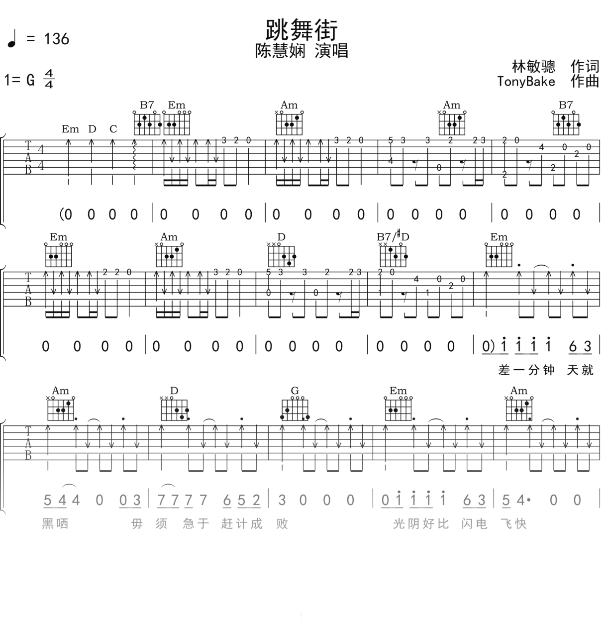 陈慧娴《跳舞街》吉他谱G调吉他弹唱谱