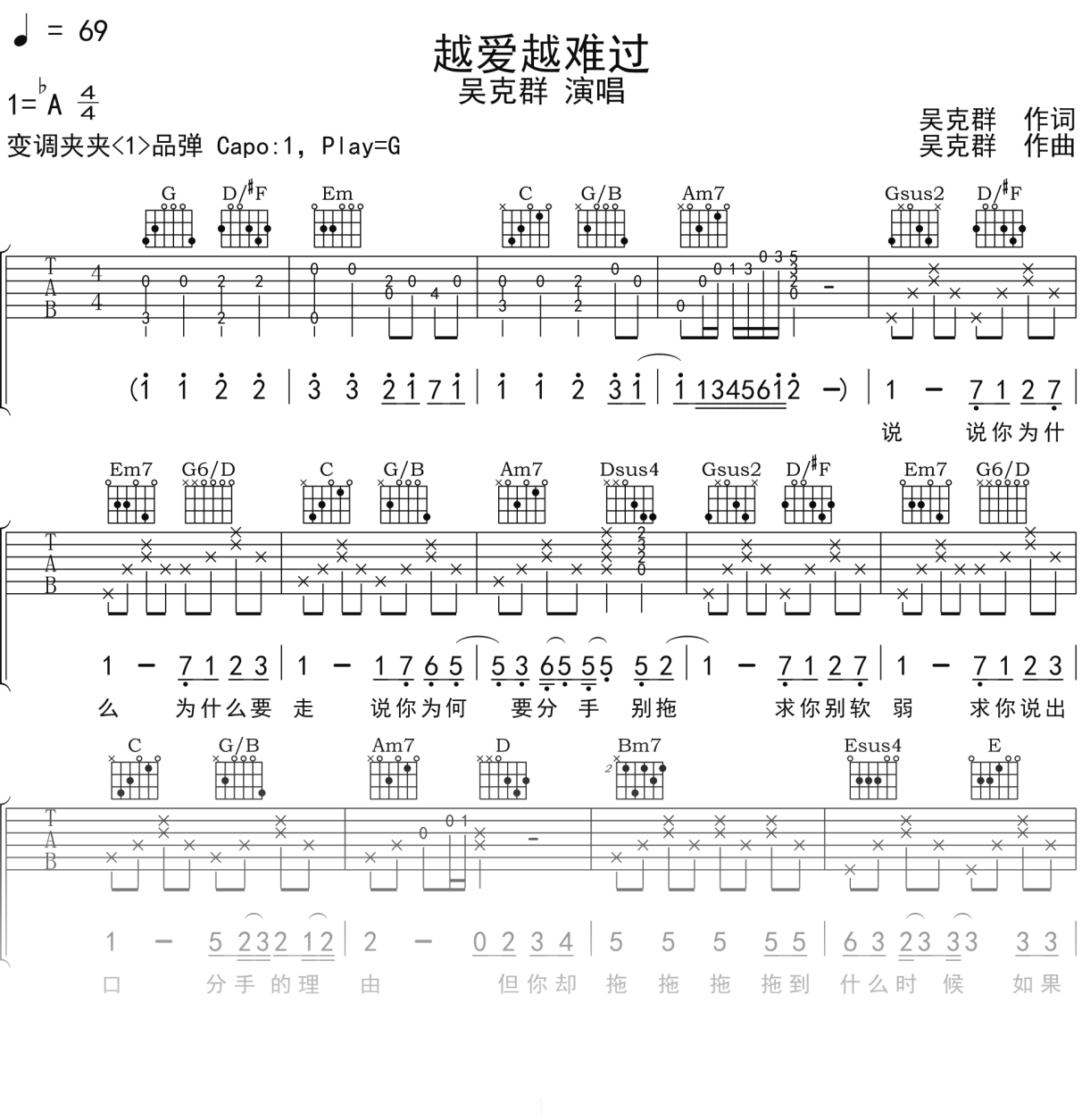 吴克群《越爱越难过》吉他谱G调吉他弹唱谱