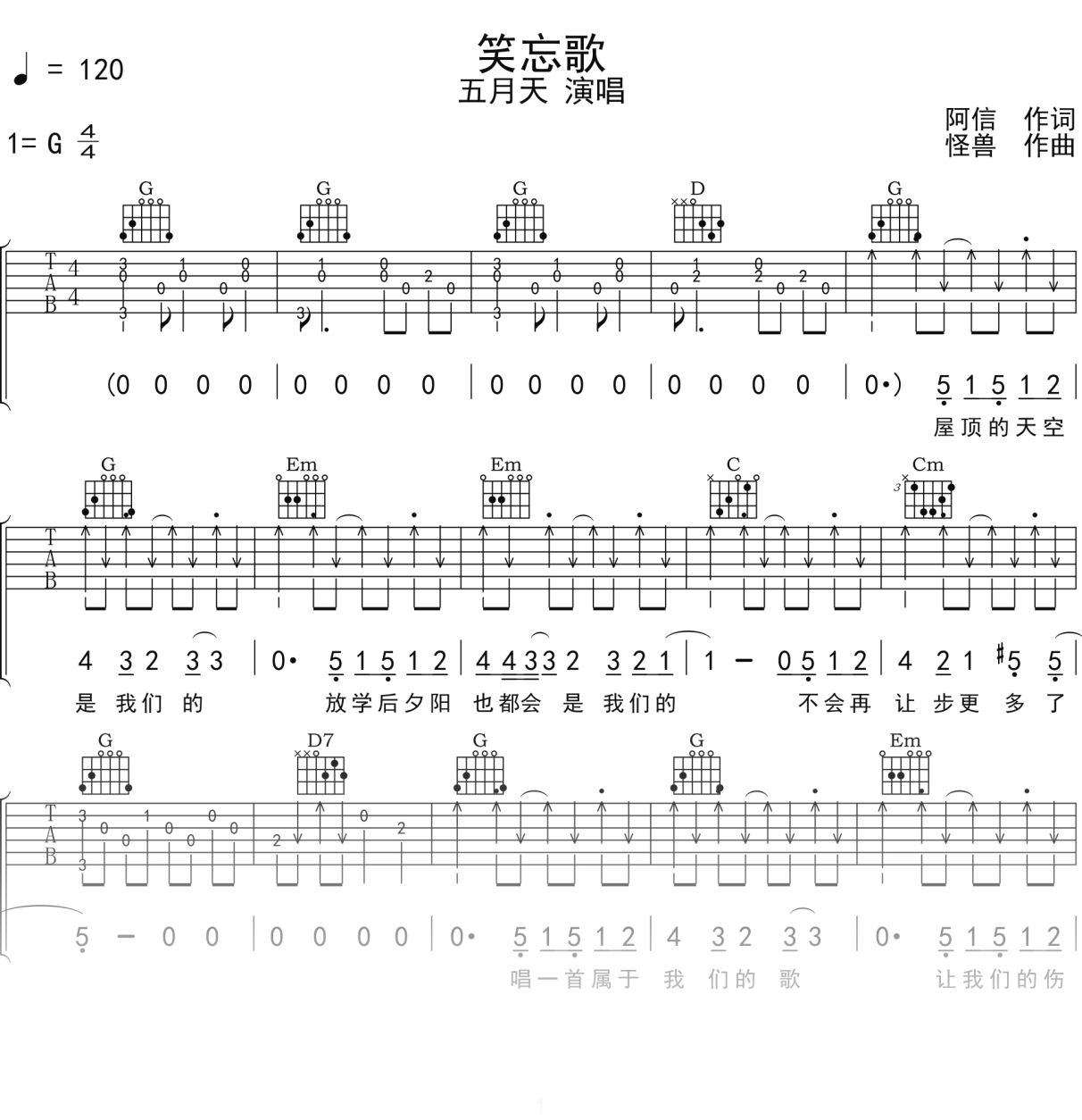 五月天《笑忘歌》吉他谱G调吉他弹唱谱