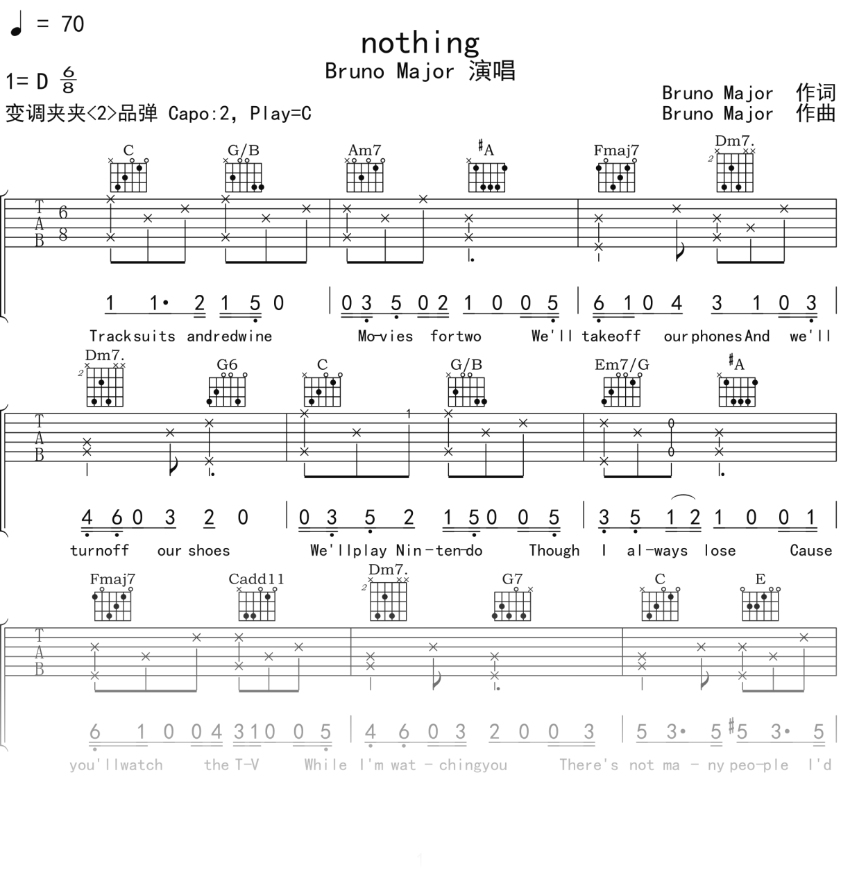 BrunoMajor《nothing》吉他谱C调吉他弹唱谱