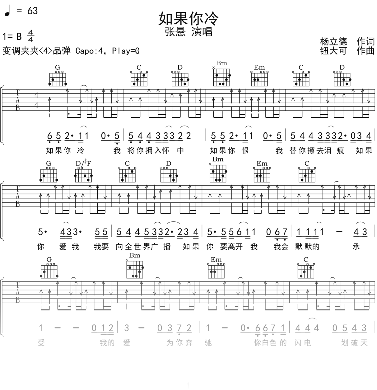 张悬《如果你冷》吉他谱G调吉他弹唱谱