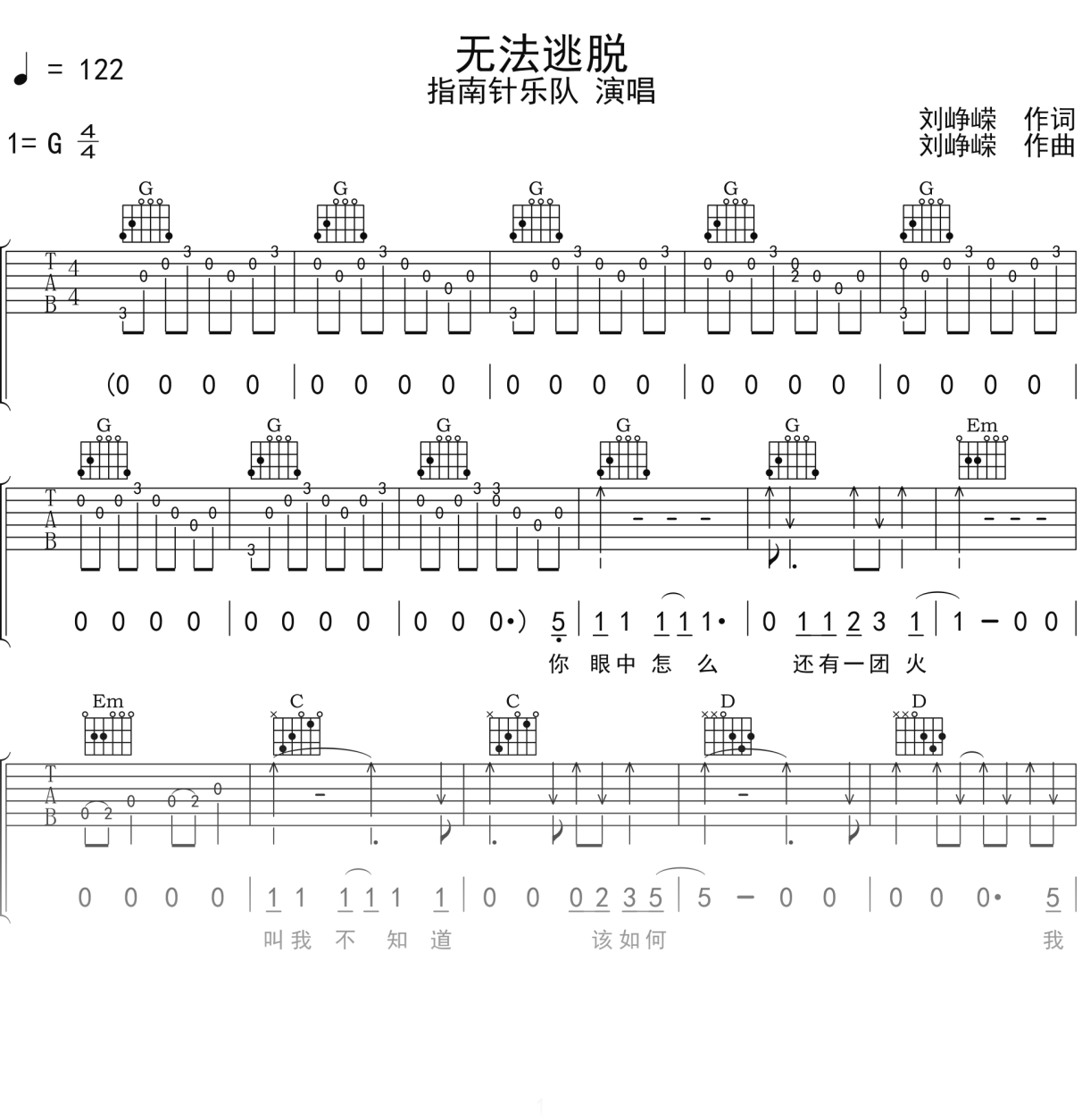 指南针乐队《无法逃脱》吉他谱G调吉他弹唱谱