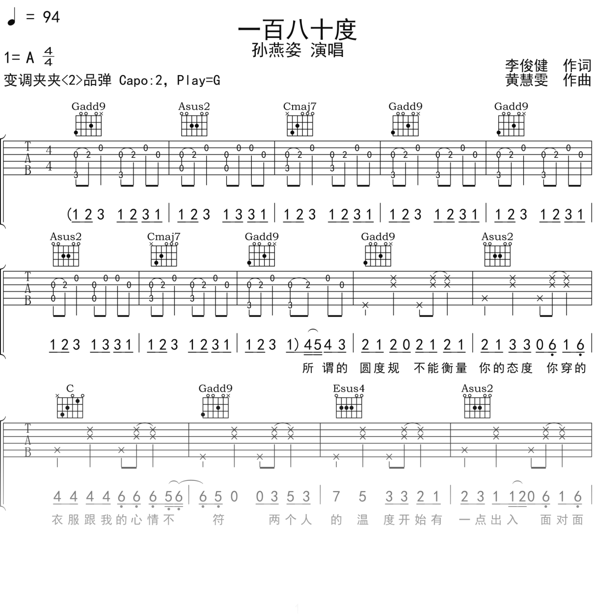 孙燕姿《一百八十度》吉他谱G调吉他弹唱谱