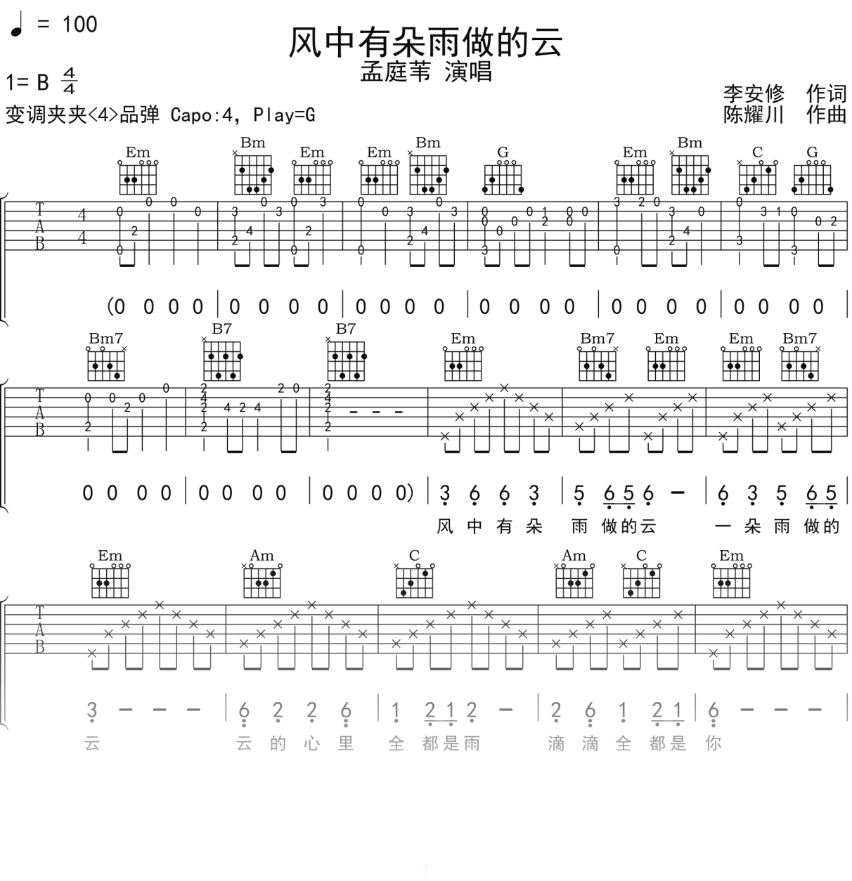 孟庭苇《风中有朵雨做的云》吉他谱G调吉他弹唱谱