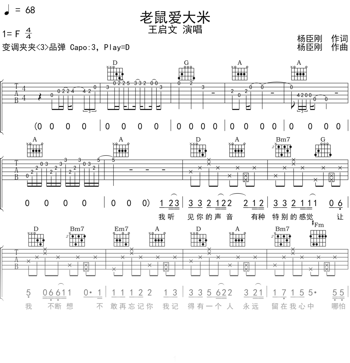 王启文《老鼠爱大米》吉他谱D调吉他弹唱谱