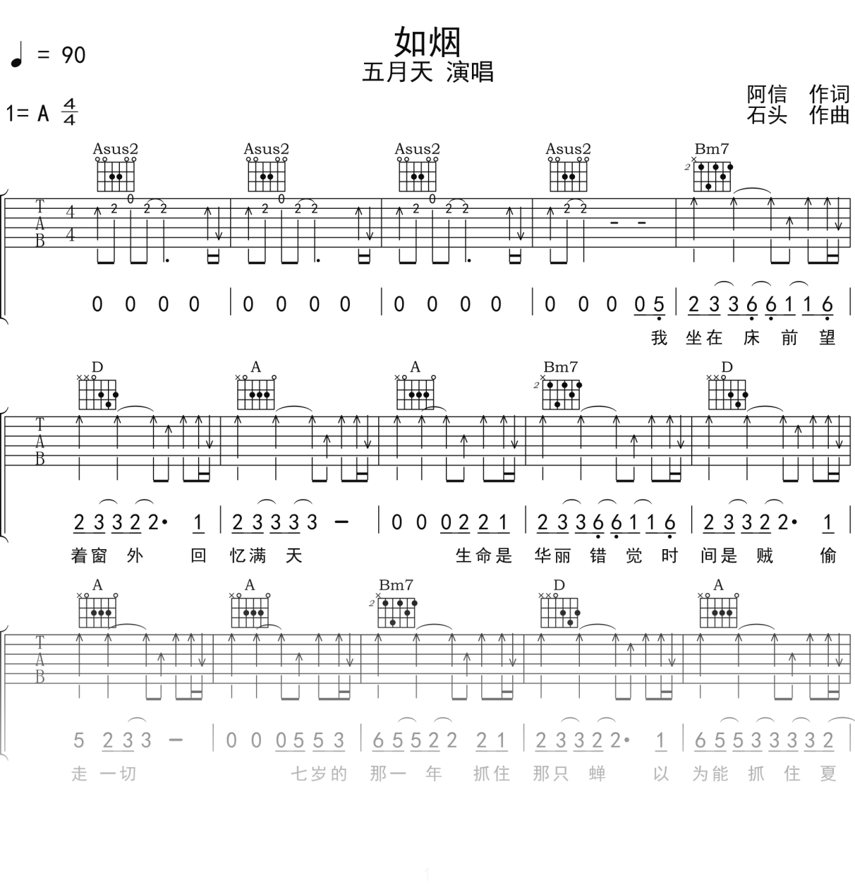 五月天《如烟》吉他谱A调吉他弹唱谱