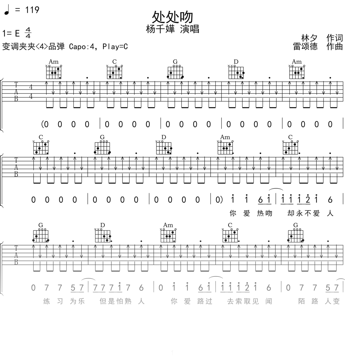 杨千嬅《处处吻》吉他谱C调吉他弹唱谱