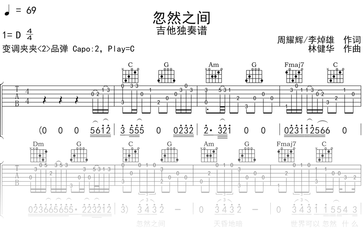 莫文蔚《忽然之间》吉他谱C调吉他指弹独奏谱