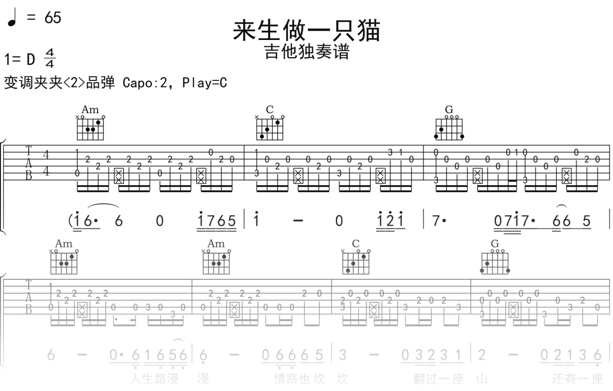 空想之喵《来生做一只猫》吉他谱C调吉他指弹独奏谱