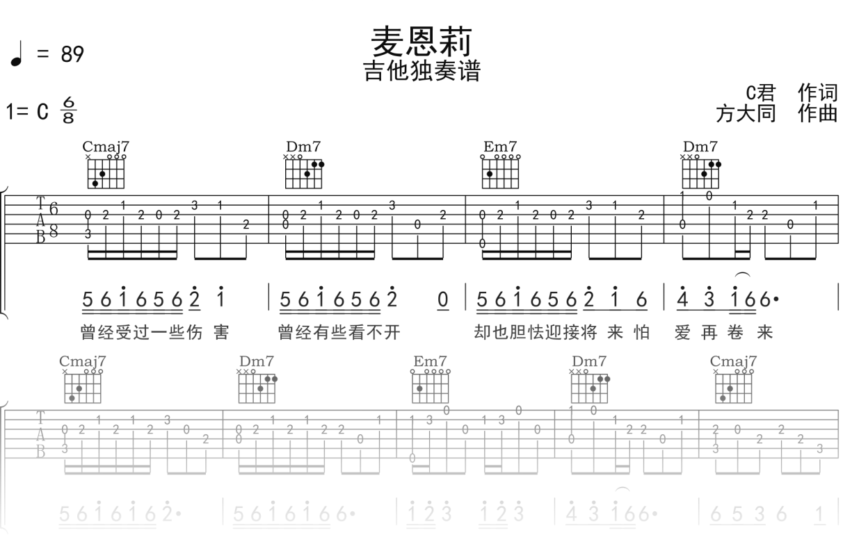 方大同《麦恩莉》吉他谱C调吉他指弹独奏谱