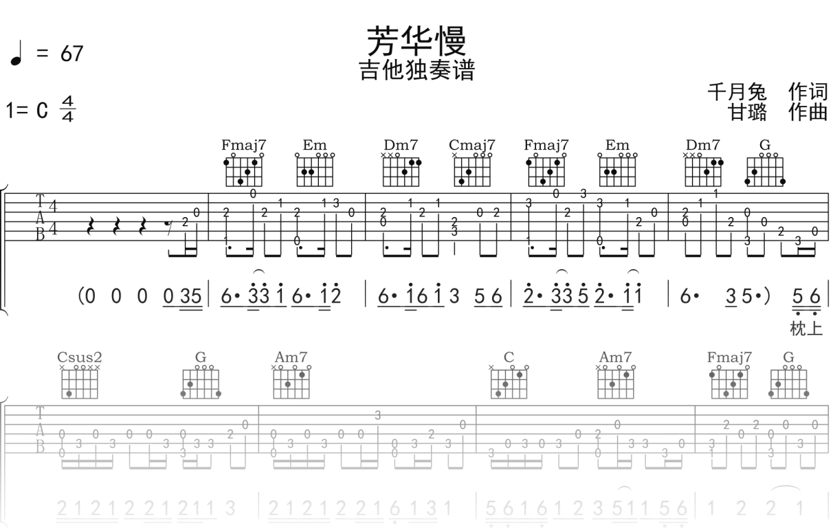 封茗囧菌《芳华慢》吉他谱C调吉他指弹独奏谱