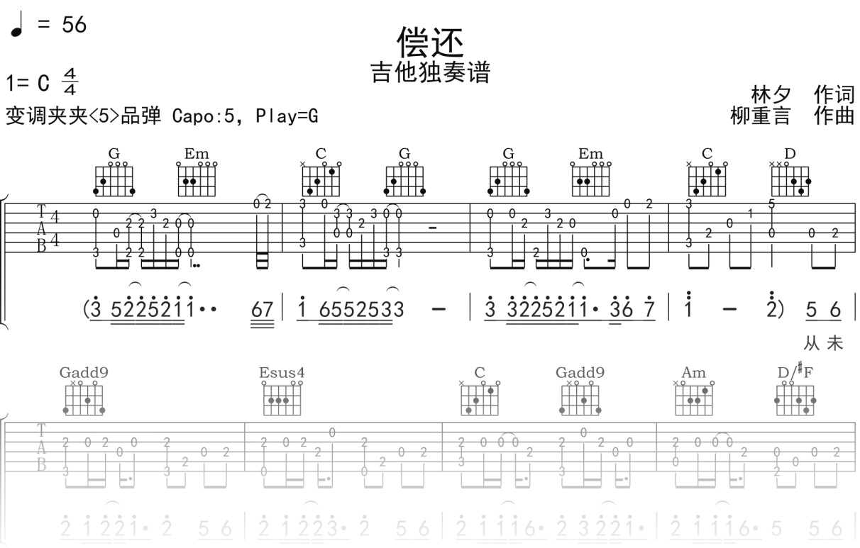 王菲《偿还》吉他谱G调吉他指弹独奏谱