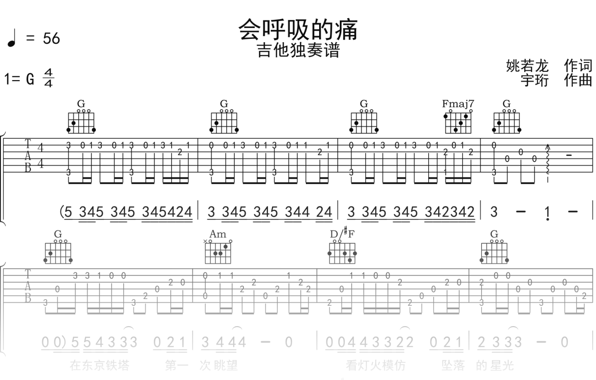 梁静茹《会呼吸的痛》吉他谱G调吉他指弹独奏谱