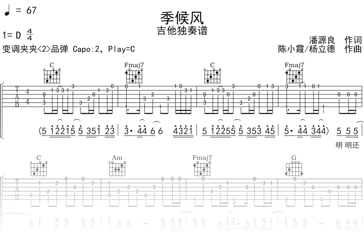 王菲《季候风》吉他谱C调吉他指弹独奏谱