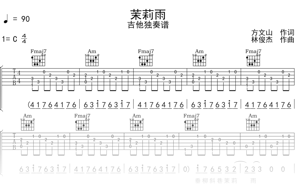 林俊杰《茉莉雨》吉他谱C调吉他指弹独奏谱