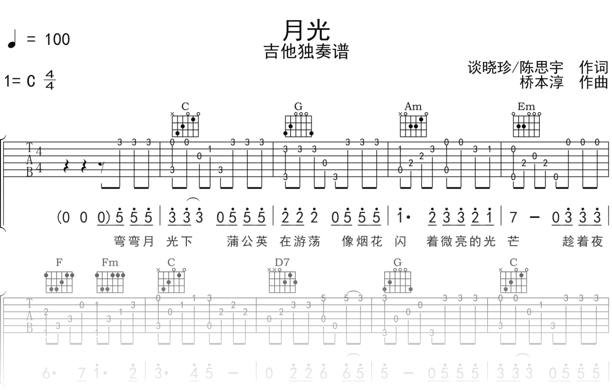 王心凌《月光》吉他谱C调吉他指弹独奏谱