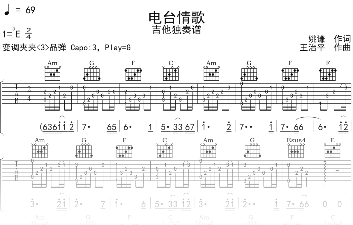 莫文蔚《电台情歌》吉他谱C调吉他指弹独奏谱