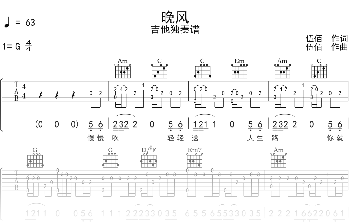 伍佰《晚风》吉他谱G调吉他指弹独奏谱