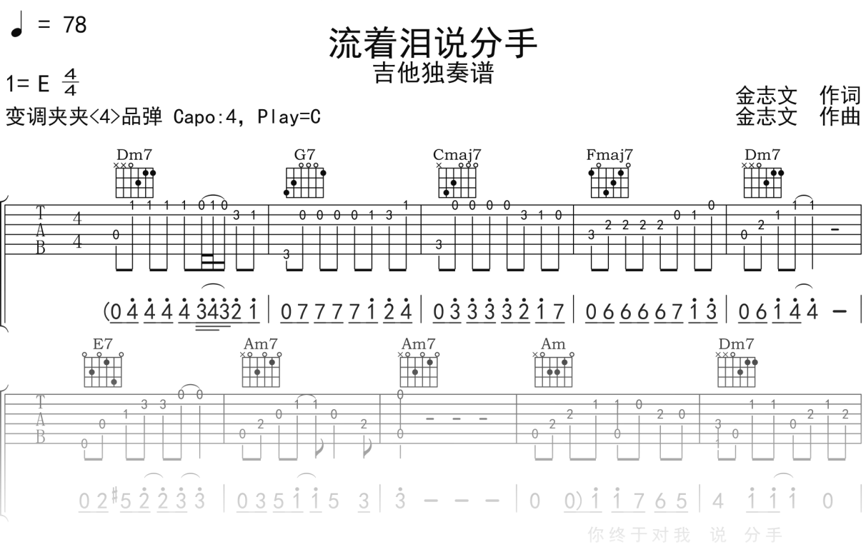 庄心妍《流着泪说分手》吉他谱C调吉他指弹独奏谱