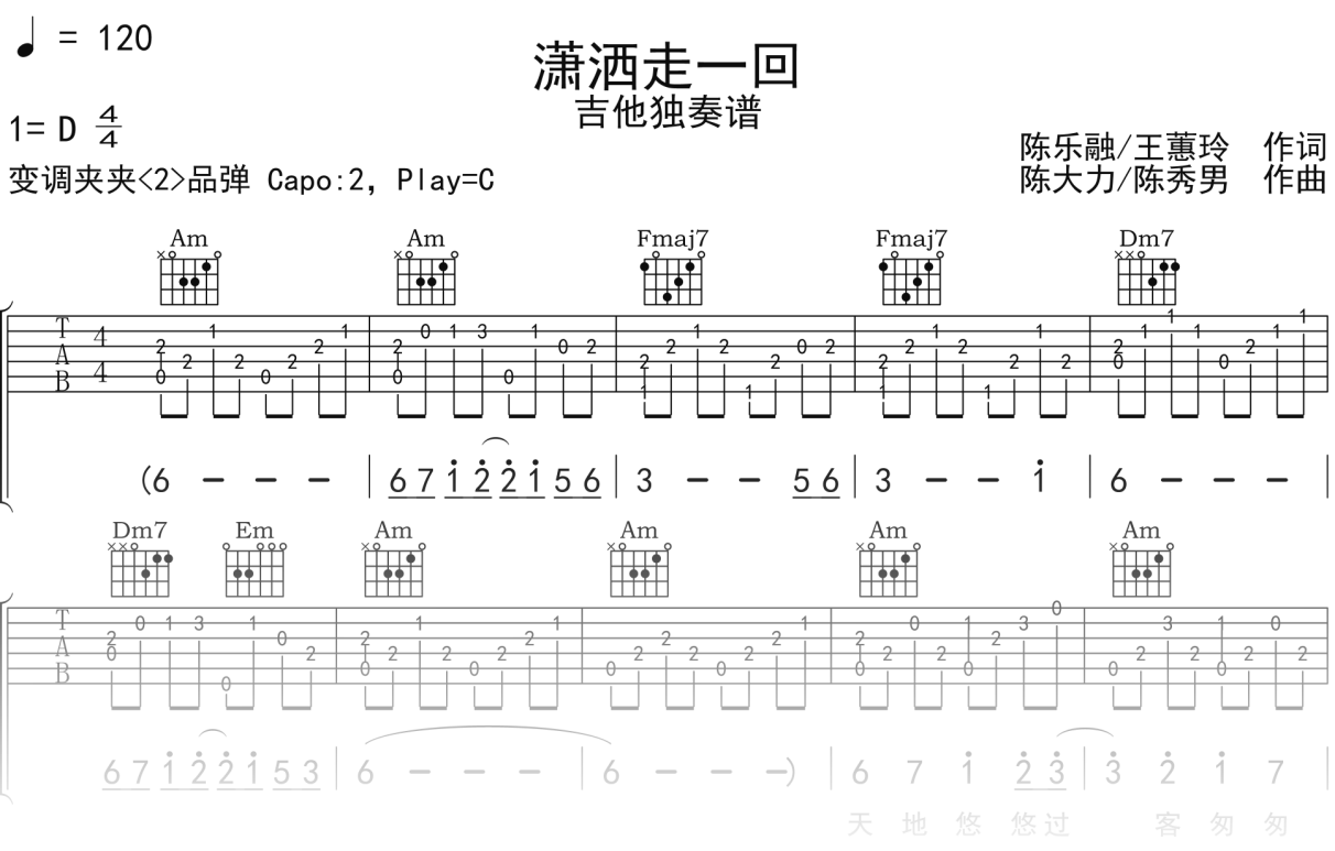叶倩文《潇洒走一回》吉他谱C调吉他指弹独奏谱