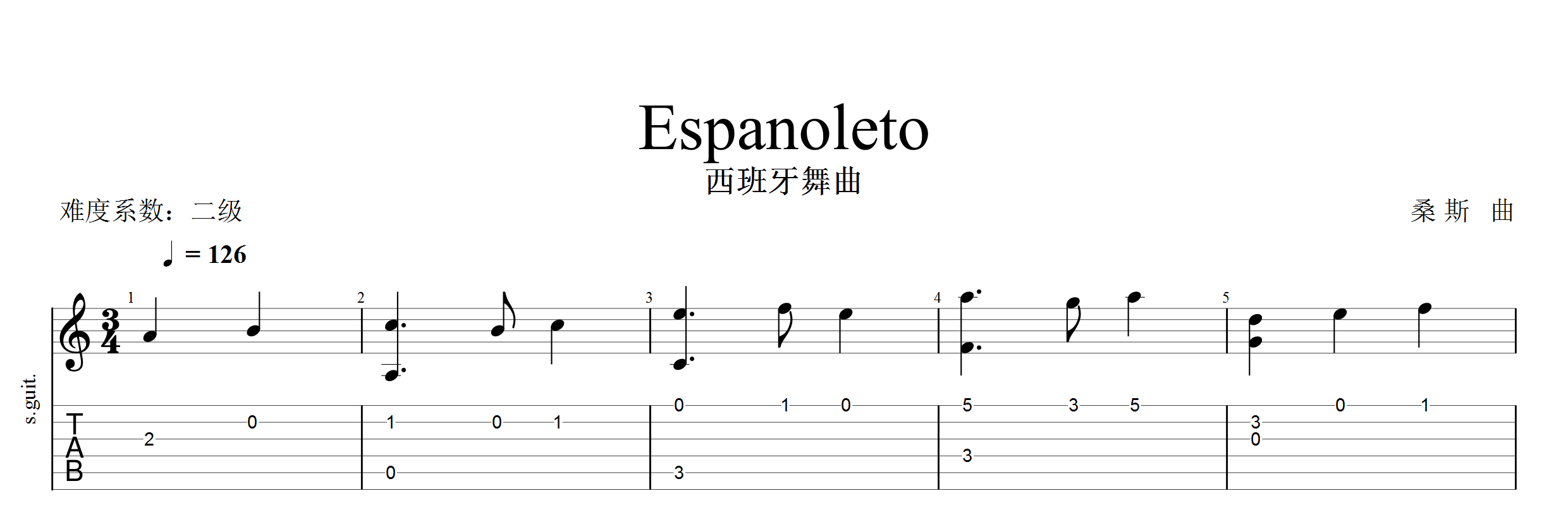 桑斯《西班牙舞曲》吉他谱C调吉他指弹独奏谱