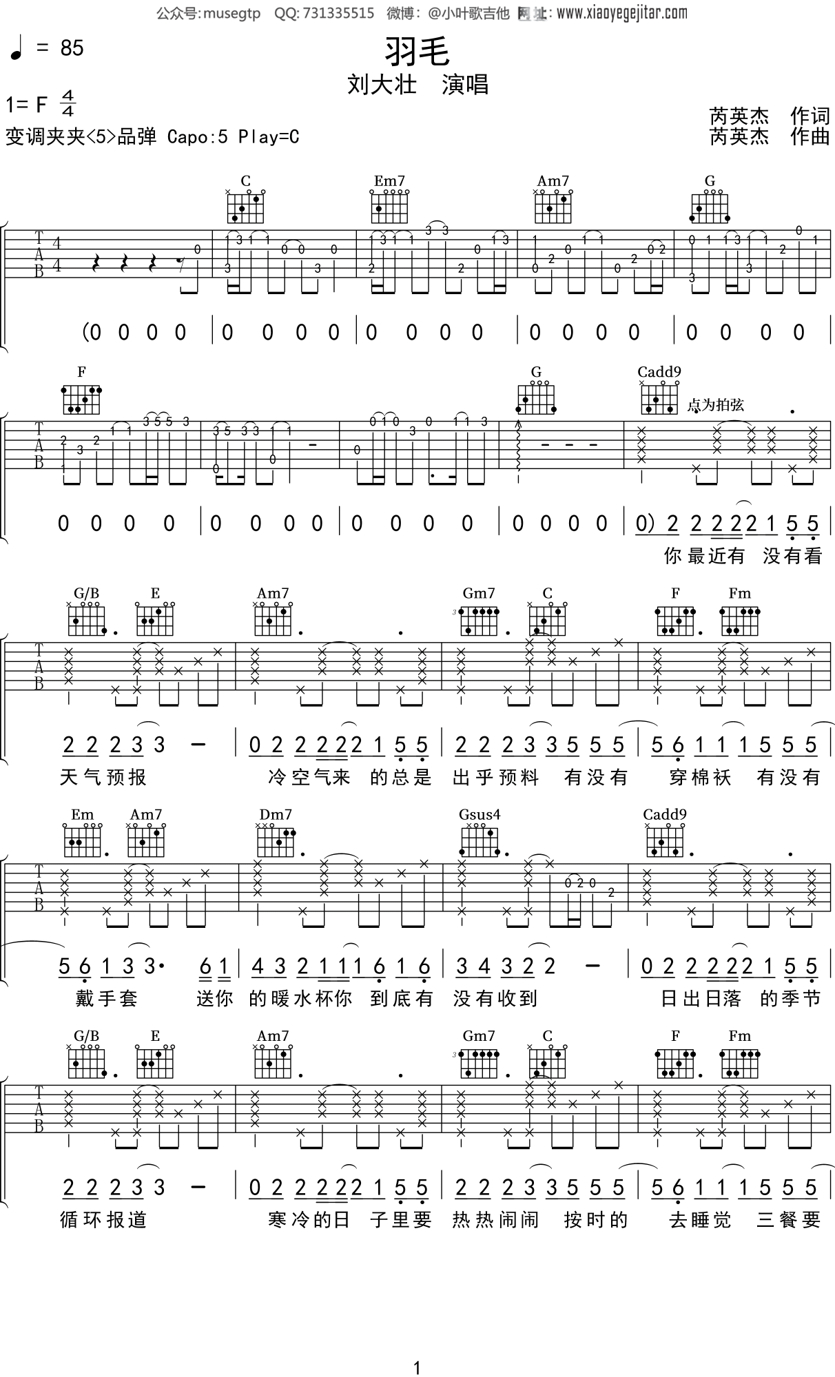 刘大壮《羽毛》吉他谱C调吉他弹唱谱