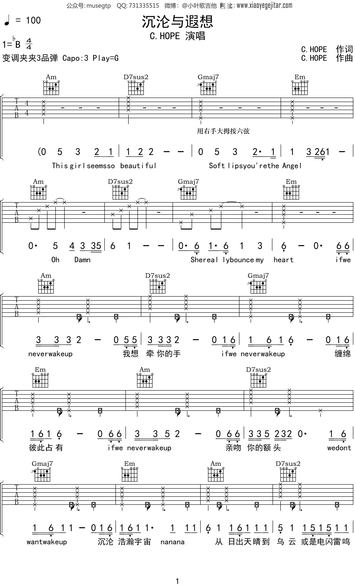 C.HOPE《沉沦与遐想》吉他谱G调吉他弹唱谱