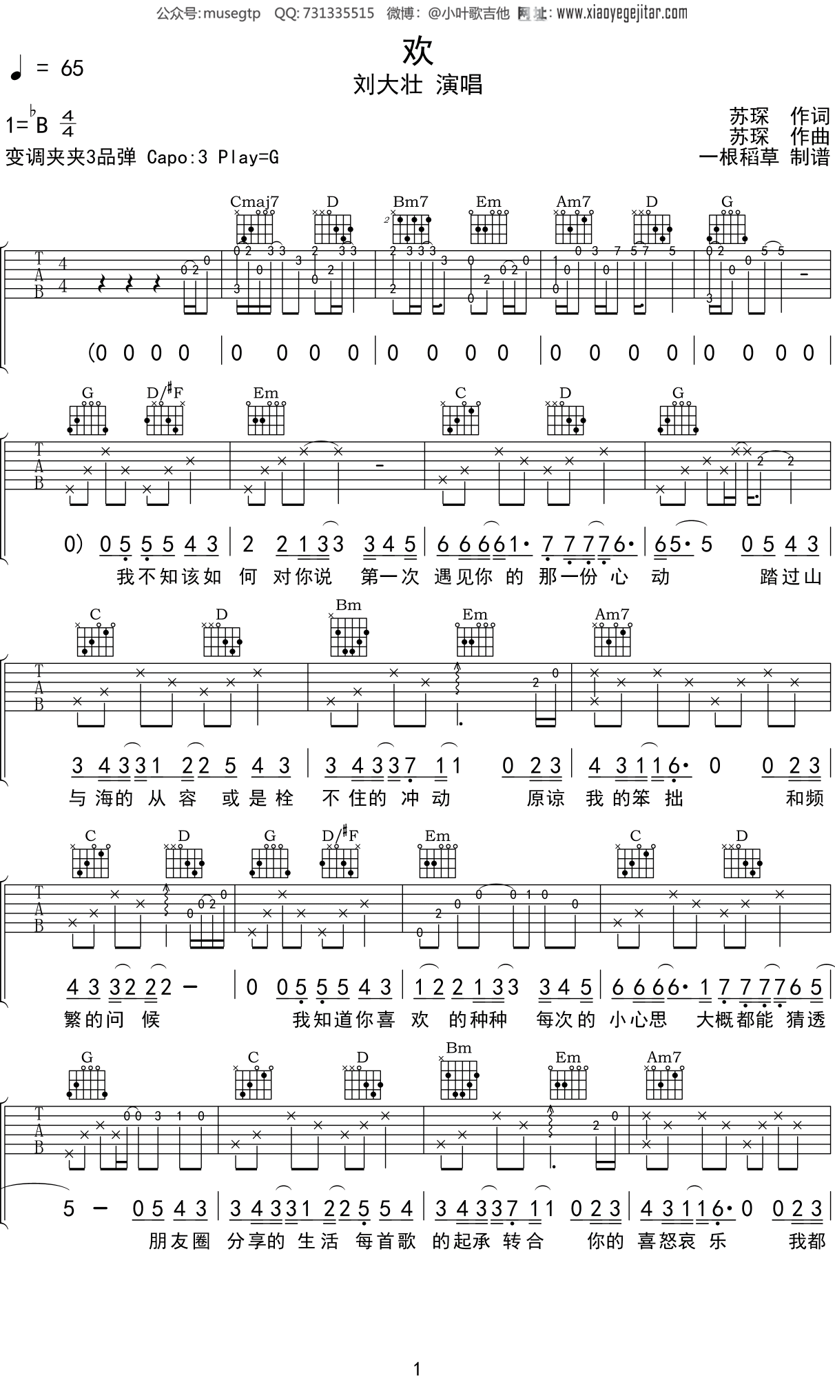 刘大壮 《欢》吉他谱G调吉他弹唱谱