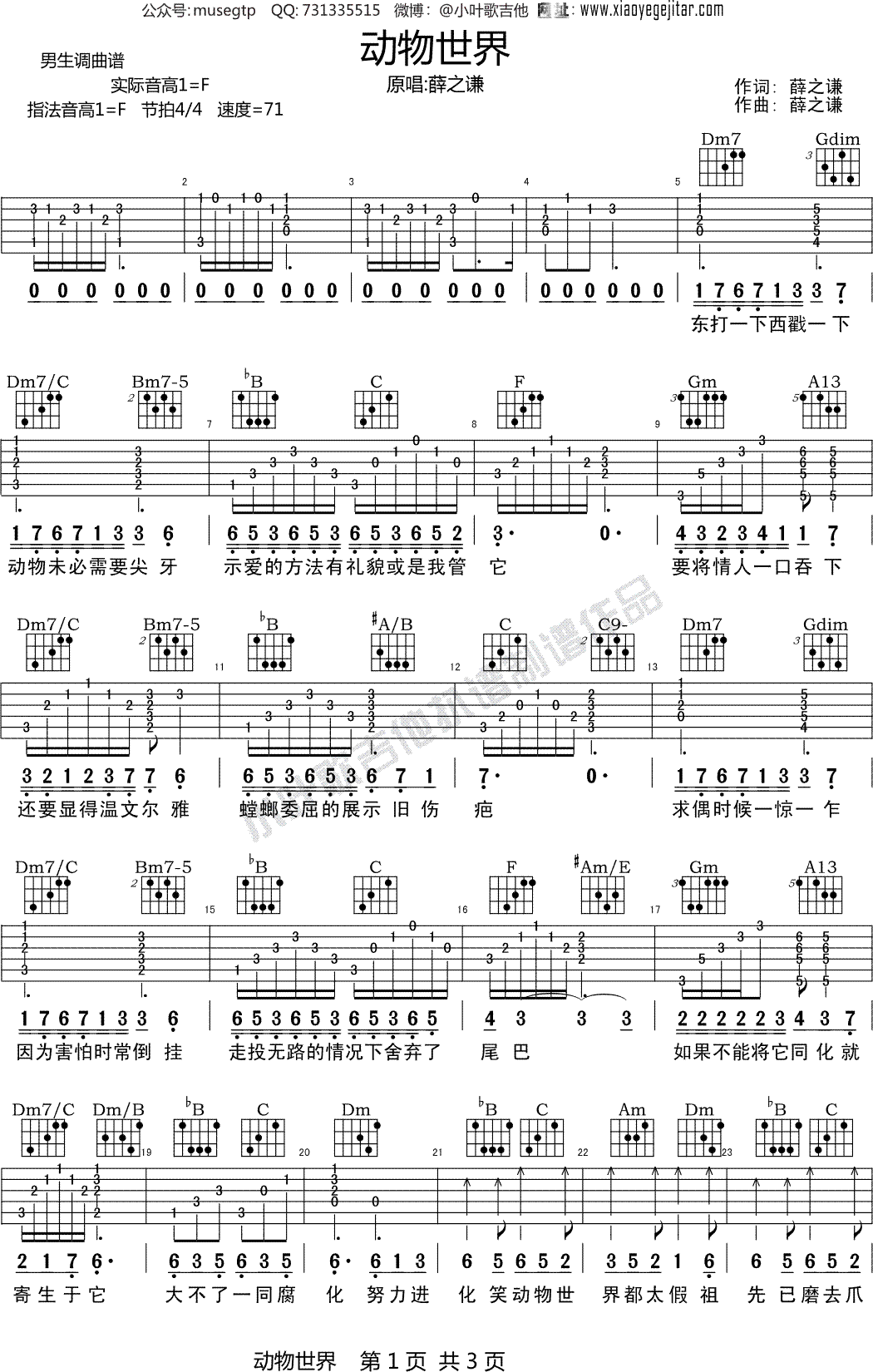 动物世界主题曲吉他谱图片