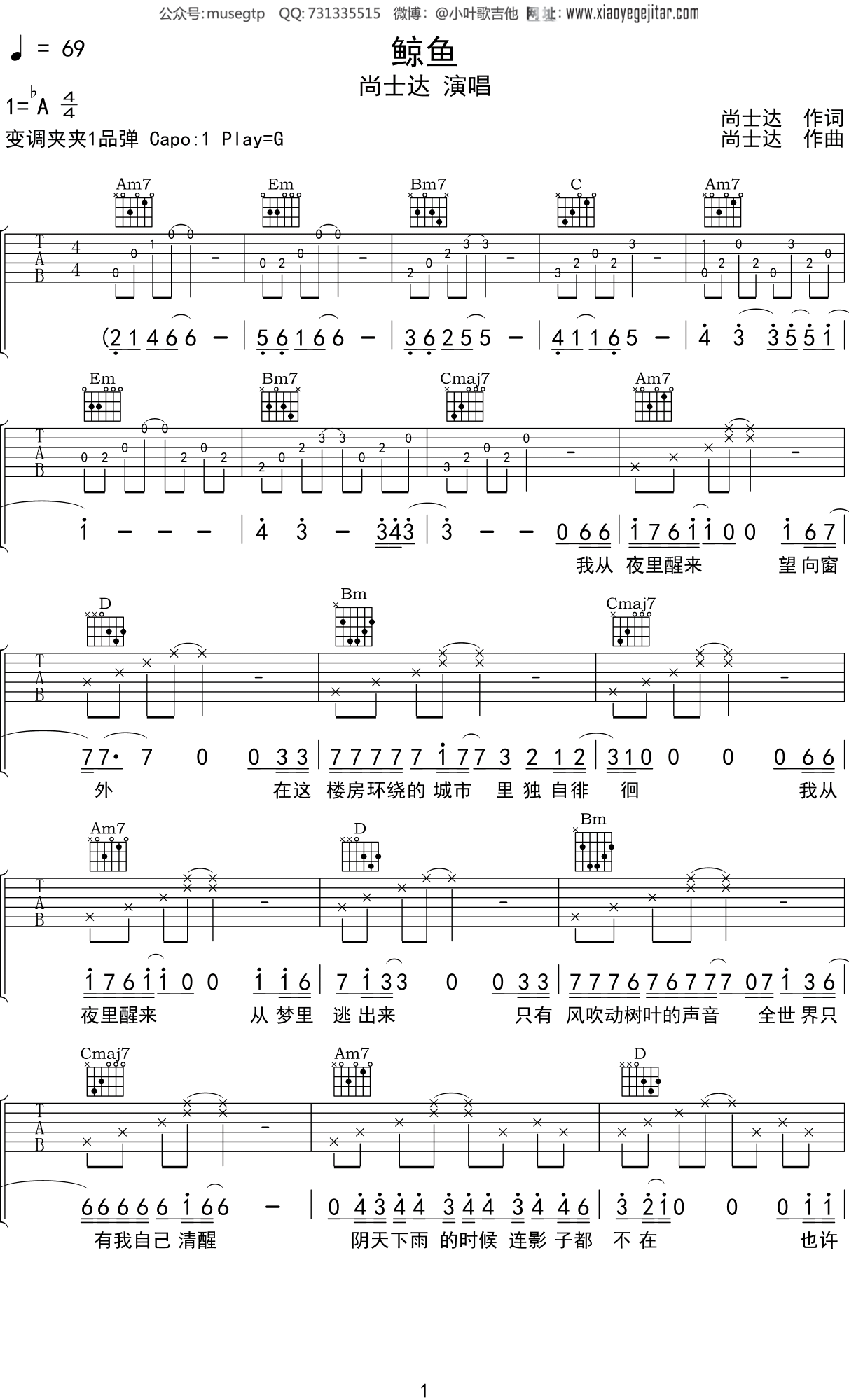 鲸歌吉他谱原版图片