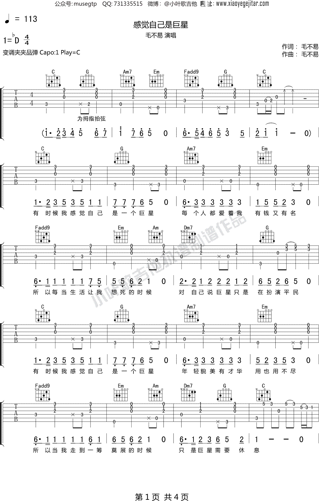 感觉自己是巨星吉他谱 - 毛不易 - C调吉他弹唱谱 - 琴谱网
