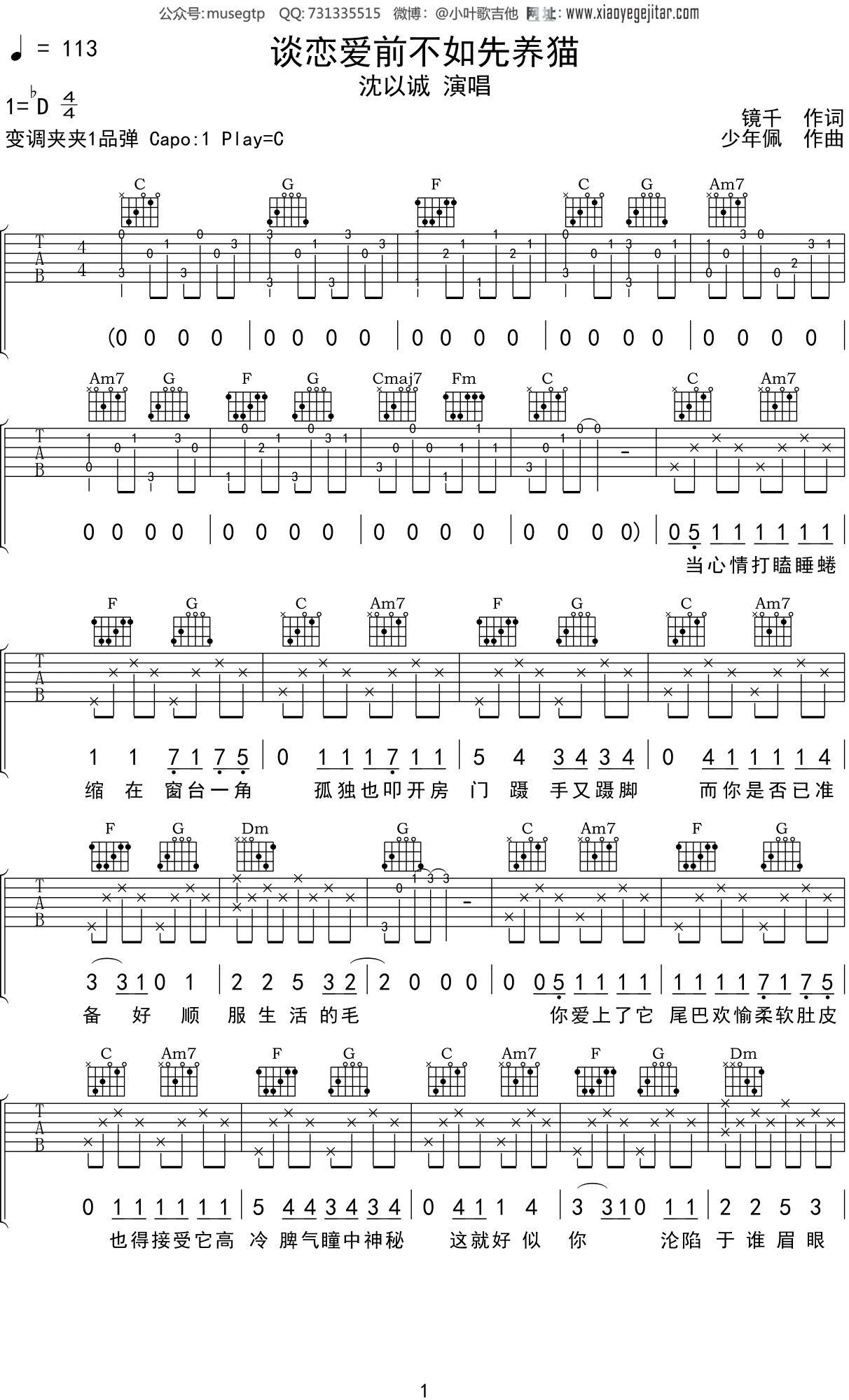 沈以诚 《谈恋爱前不如先养猫》吉他谱C调吉他弹唱谱