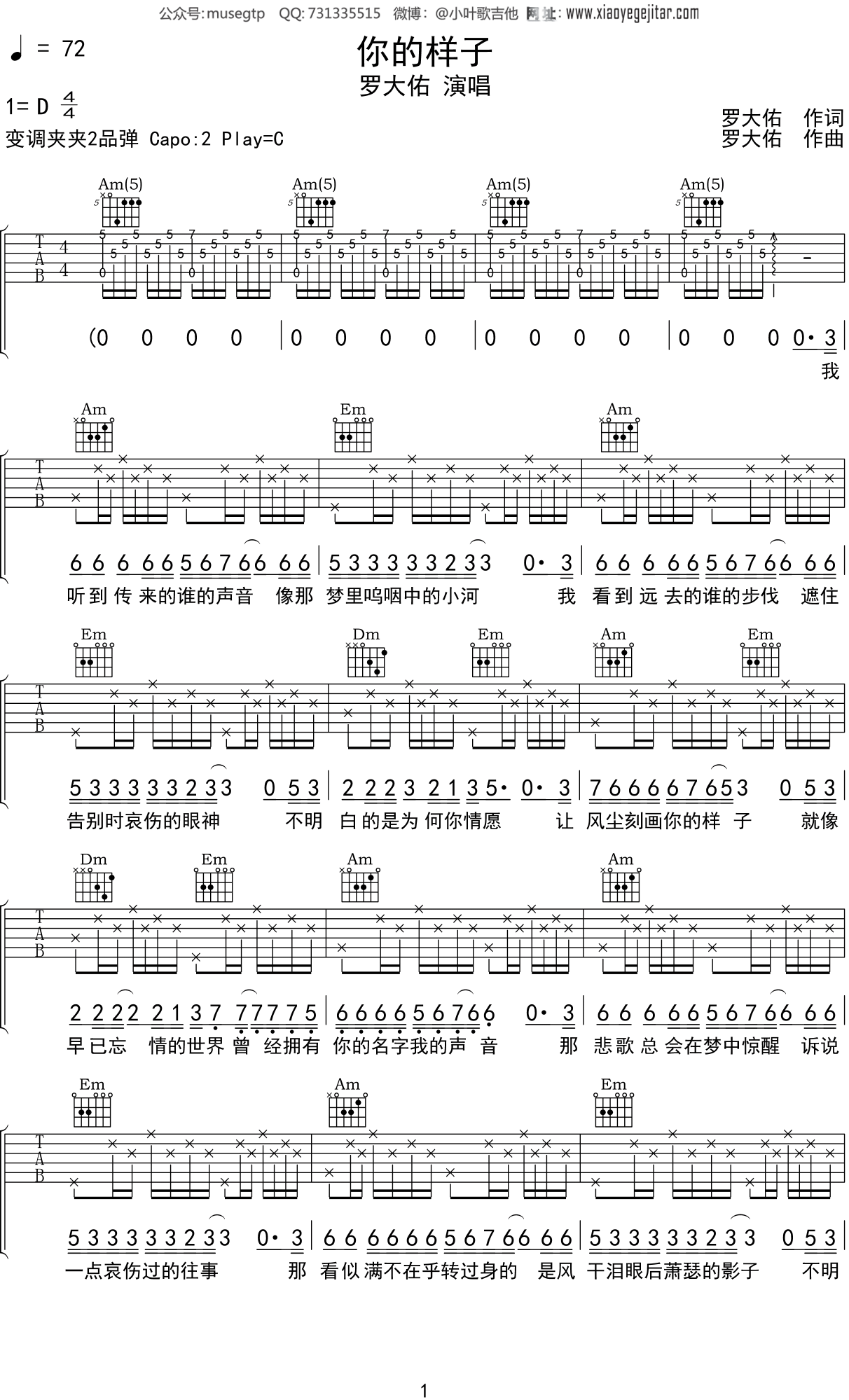 罗大佑《你的样子》吉他谱_C调中级版_弹唱_六线谱-吉他客