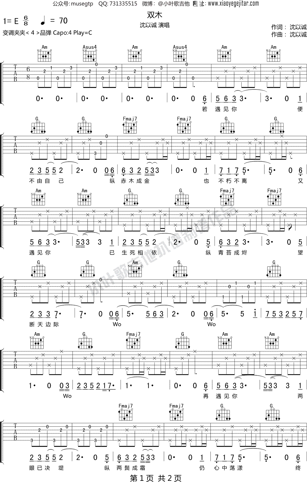 沈以诚《双木》 吉他谱C调吉他弹唱谱