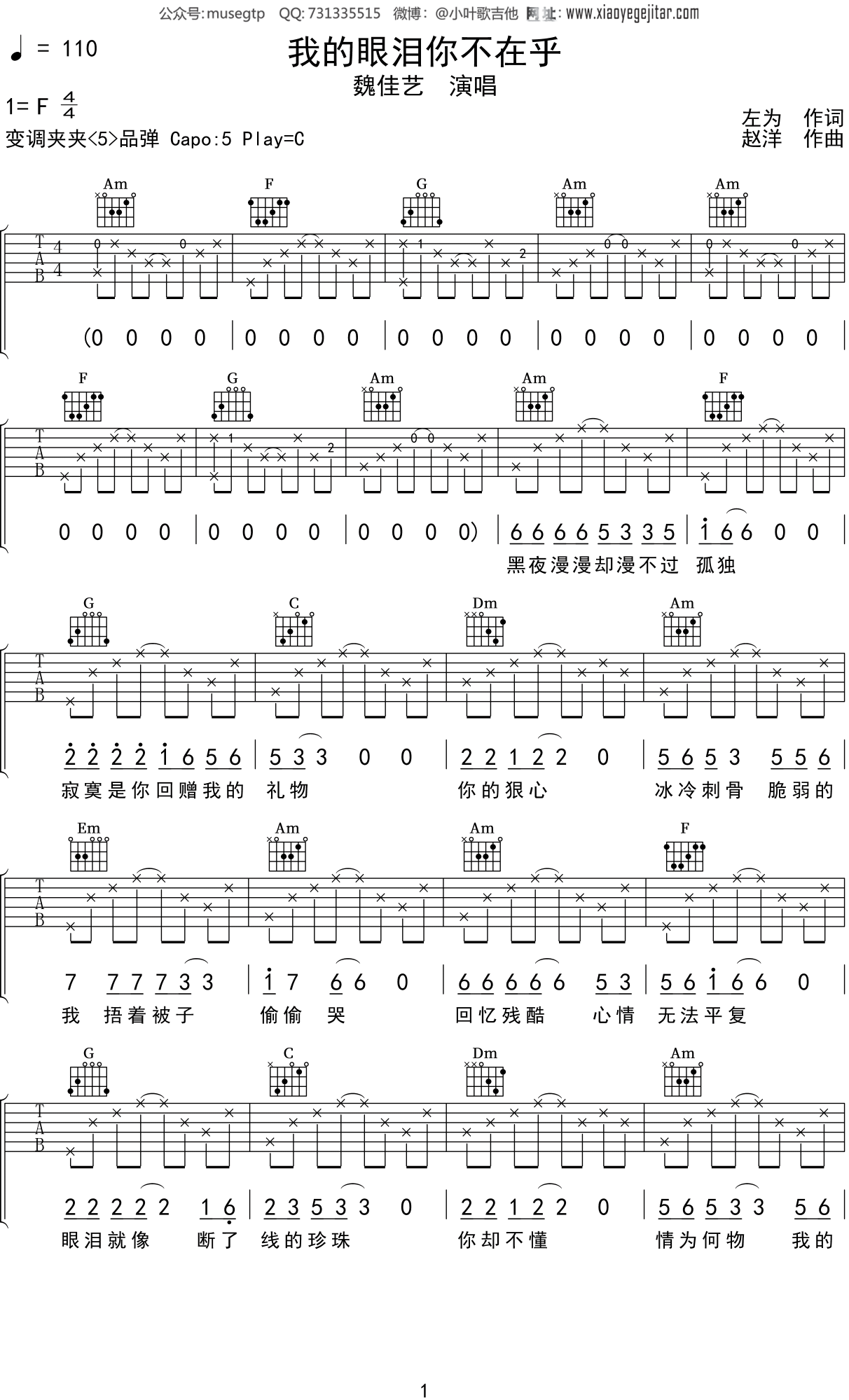 魏佳艺《我的眼泪你不在乎》吉他谱C调吉他弹唱谱