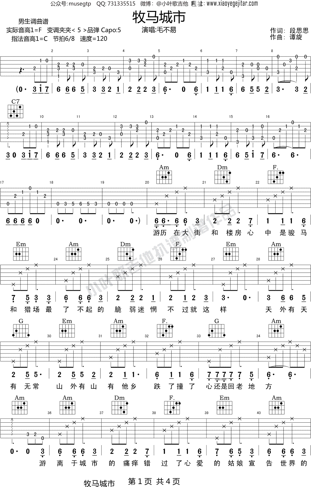 毛不易《牧马城市》 吉他谱C调简化吉他弹唱谱