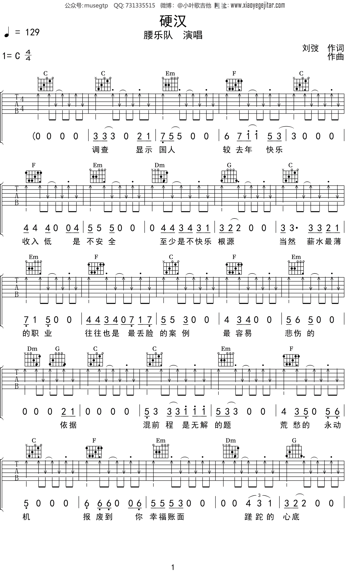 腰乐队《硬汉》吉他谱C调吉他弹唱谱