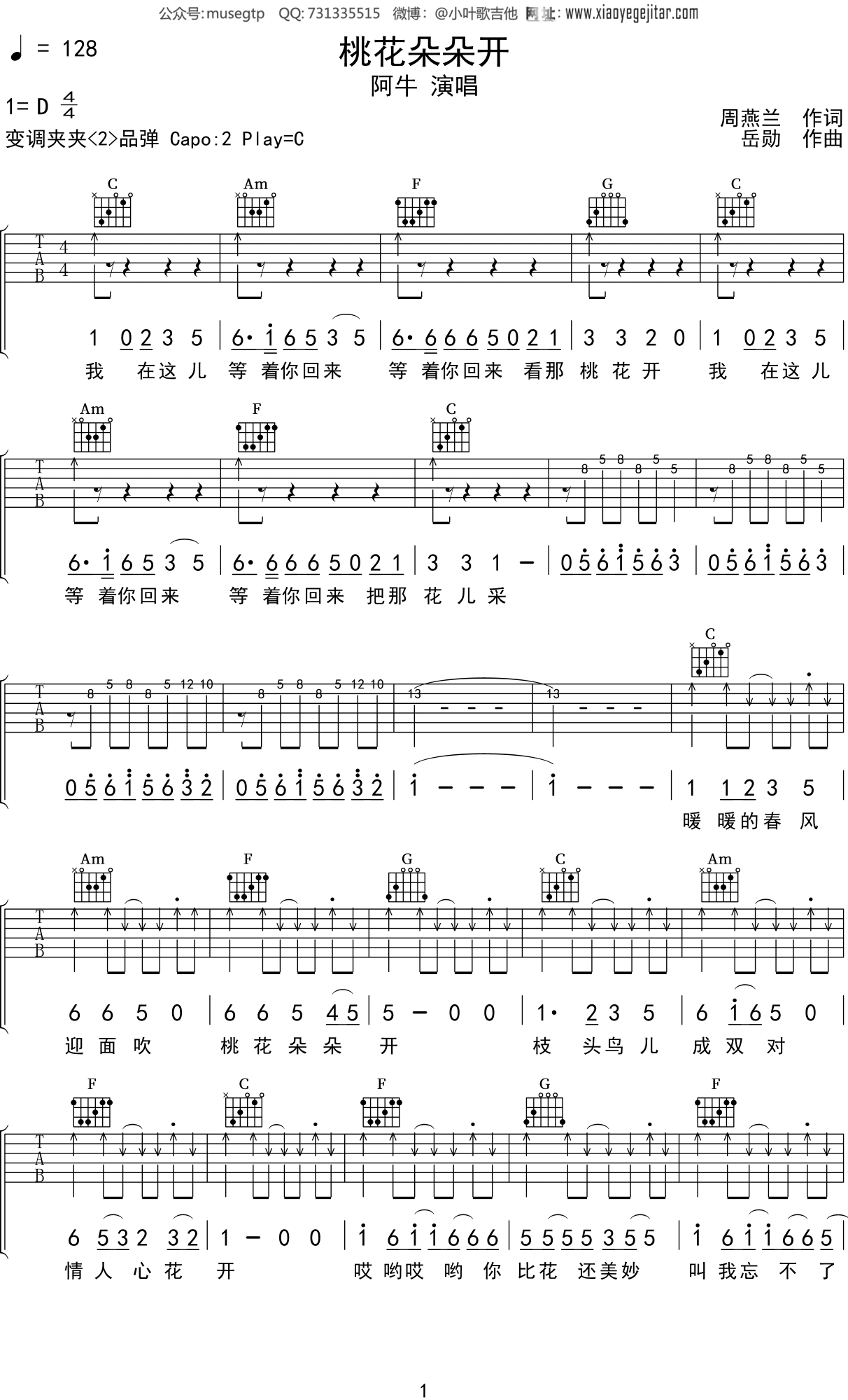 阿牛《桃花朵朵开》吉他谱C调吉他弹唱谱