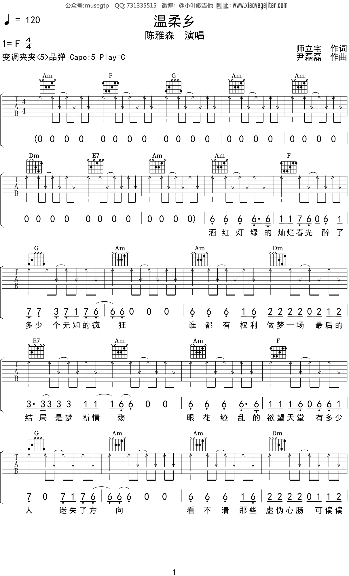 陈雅森《温柔乡》吉他谱C调吉他弹唱谱