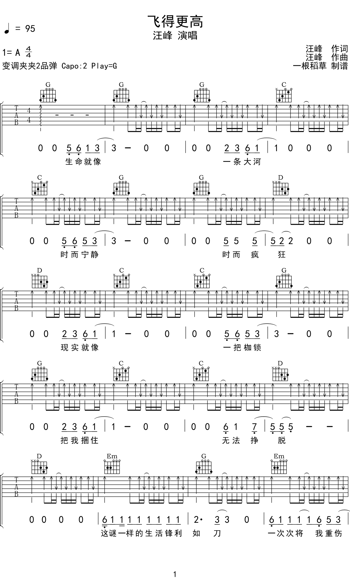 汪峰《飞得更高（C调吉他）》吉他谱_C调简单版_弹唱_六线谱-吉他客