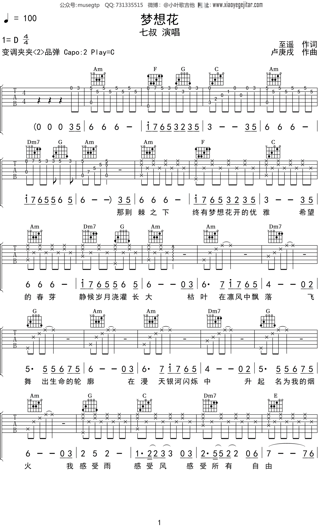 七叔《梦想花》吉他谱C调吉他弹唱谱