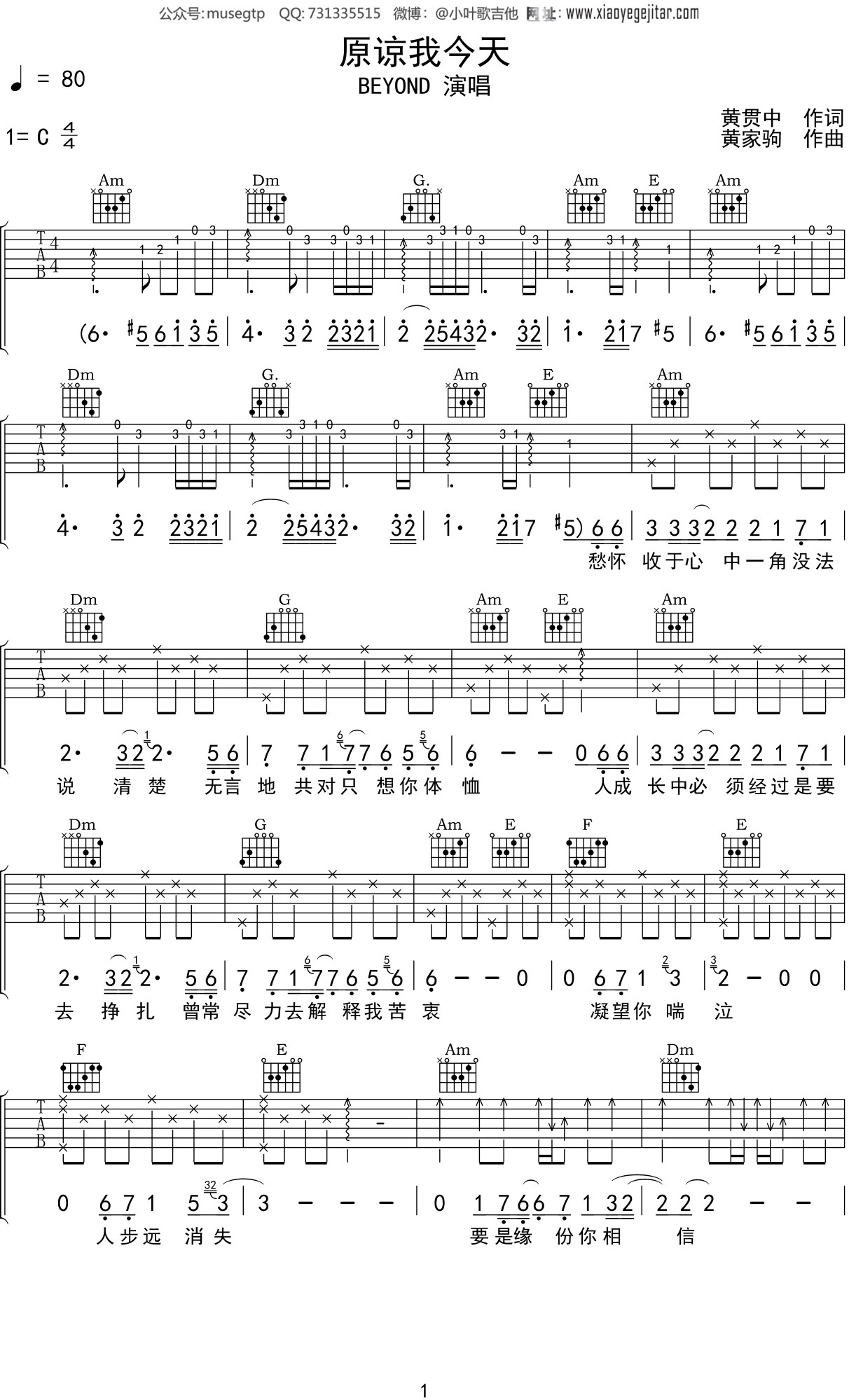 BEYOND 《原谅我今天》吉他谱C调吉他弹唱谱
