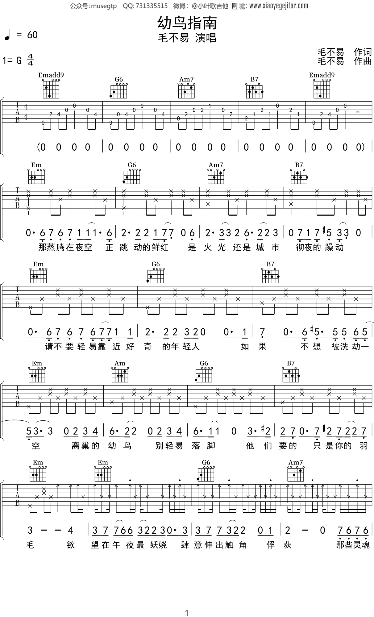 毛不易《幼鸟指南》吉他谱G调吉他弹唱谱