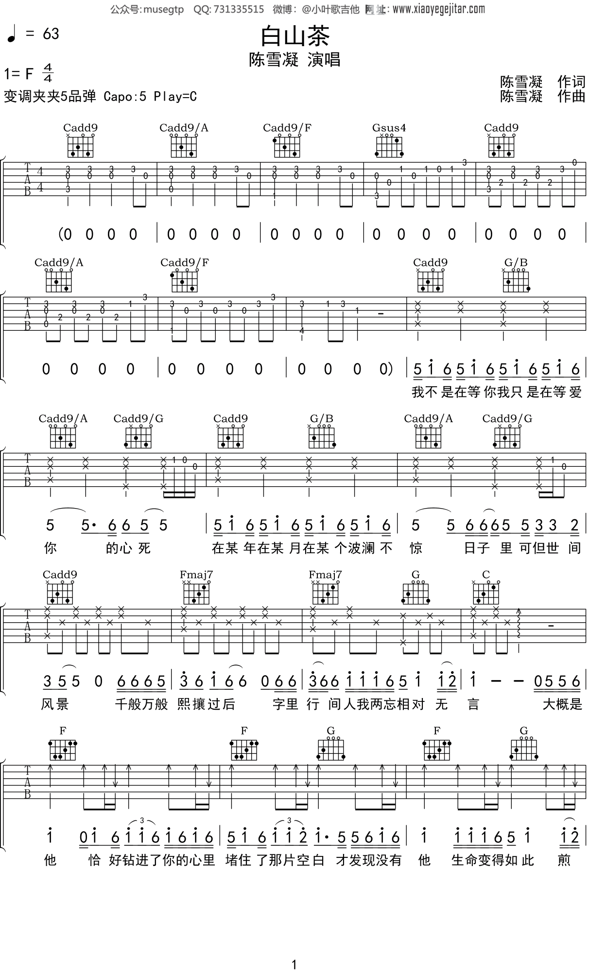 白山茶吉他谱简单版图片
