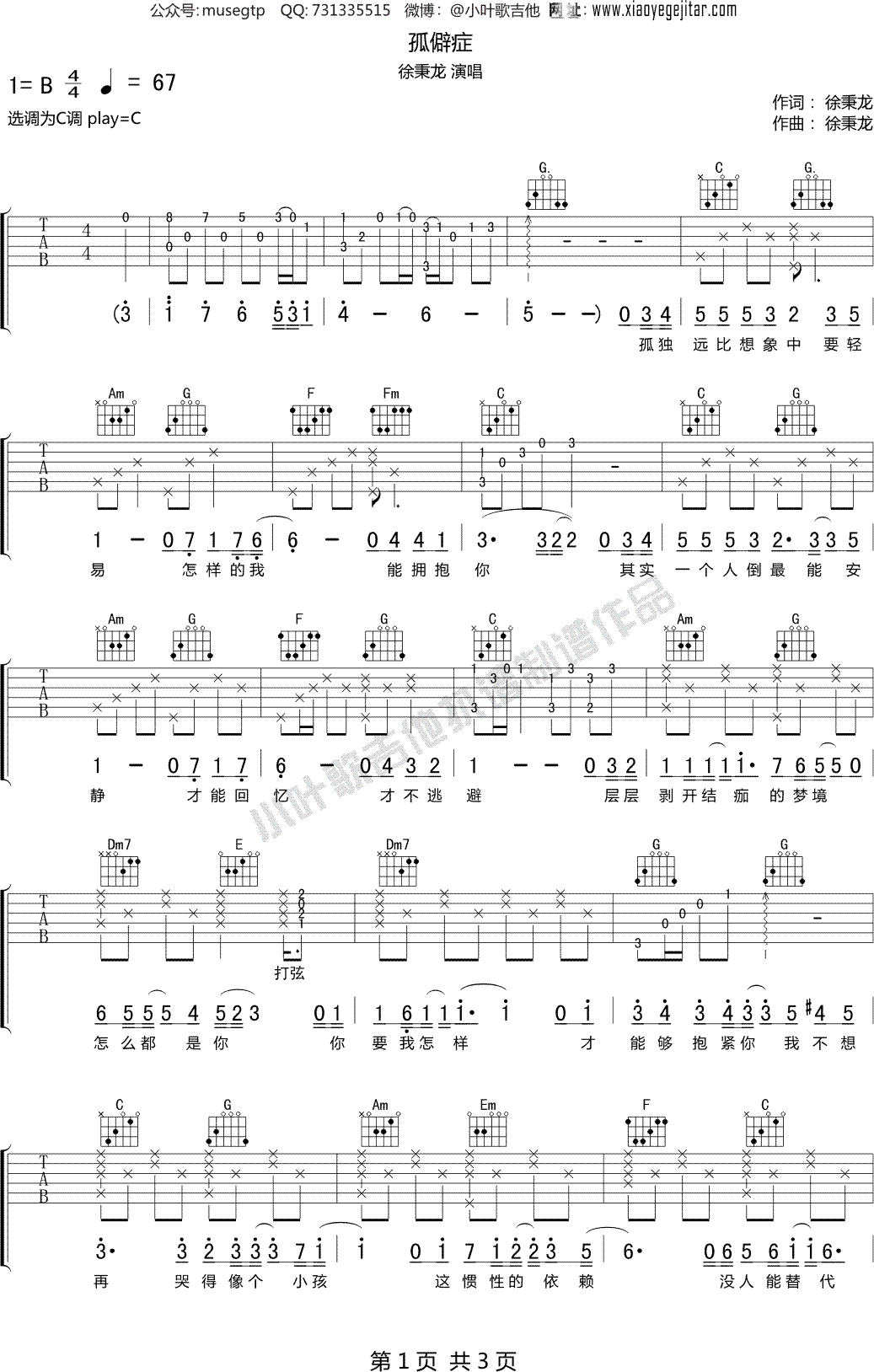 徐秉龙《孤僻症》 吉他谱C调吉他弹唱谱